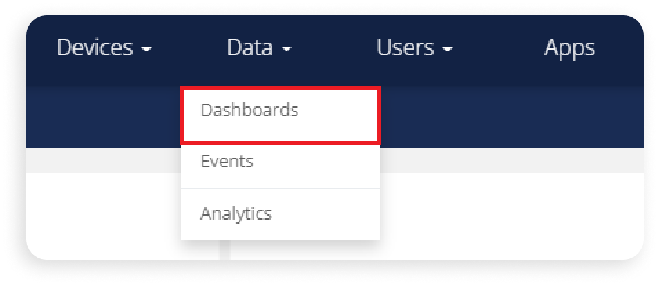 The Ubidots top navigation with 'Data' open and 'Dashboards' highlighted in the dropdown menu