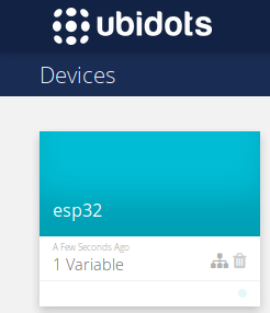 The Ubidots Devices page showing a new 'esp32' device card created automatically moments after the first publish, with '1 Variable' underneath it