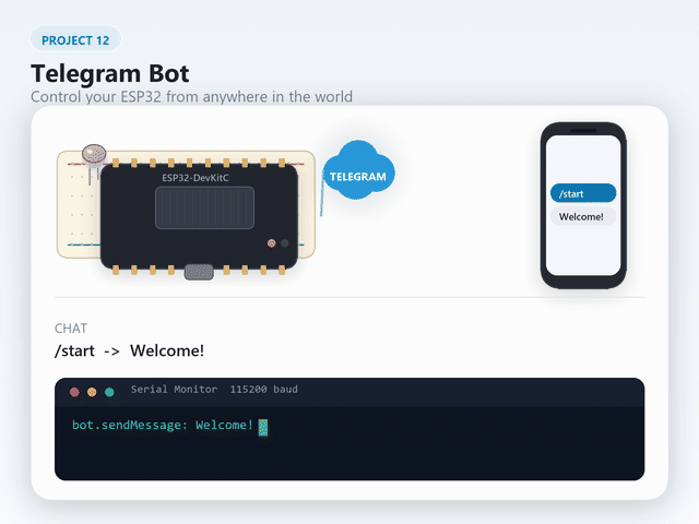 Animated demo: Telegram bot responds to /start, /light_on, and /light_off commands